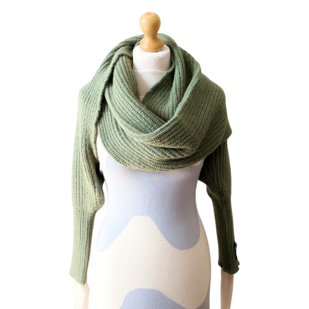 Freya Harper London Ribbed Knit Scarf With Sleeves Wrap Shawl Cardigan Green